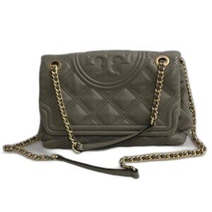 $475 Tory Burch "Fleming" Gray Quilted Leather Shoulder Bag & Chain Strap